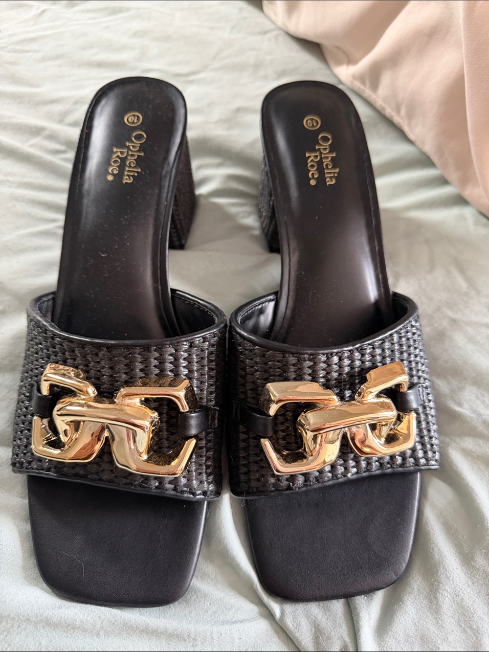 Ophelia & Co. Black Woven Slide Heels with Gold Chain Detail